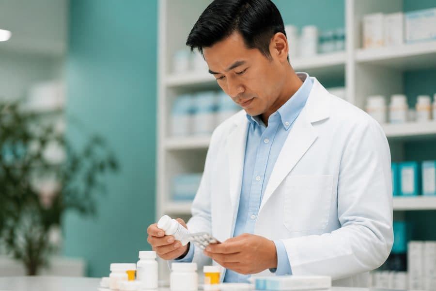 Healthcare professional reviewing prescription medication