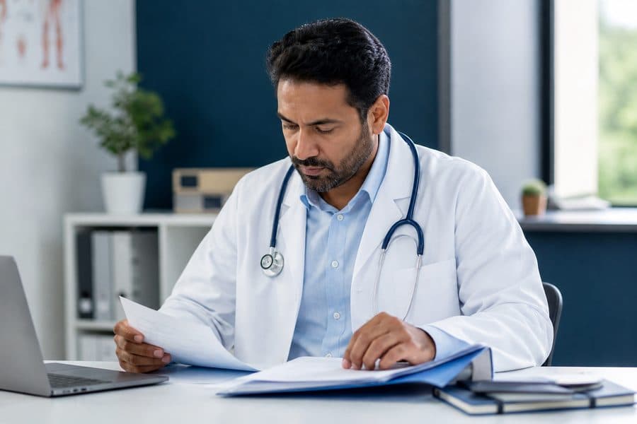 Physician reviewing medical documents for a possible referral